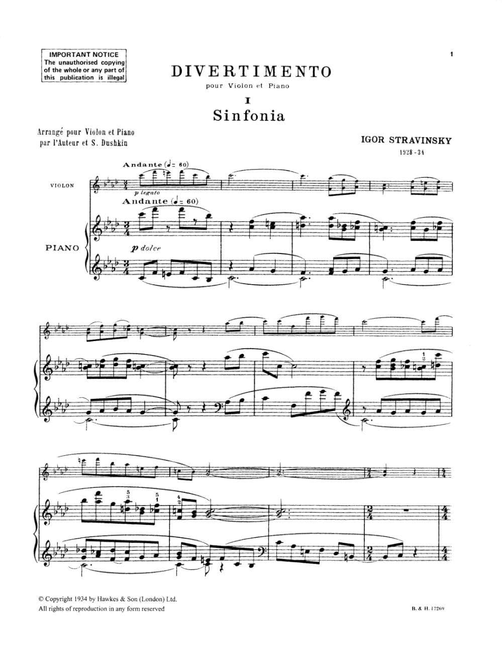 Stravinsky, Igor - Divertimento For Violin and Piano Published by Boosey & Hawkes