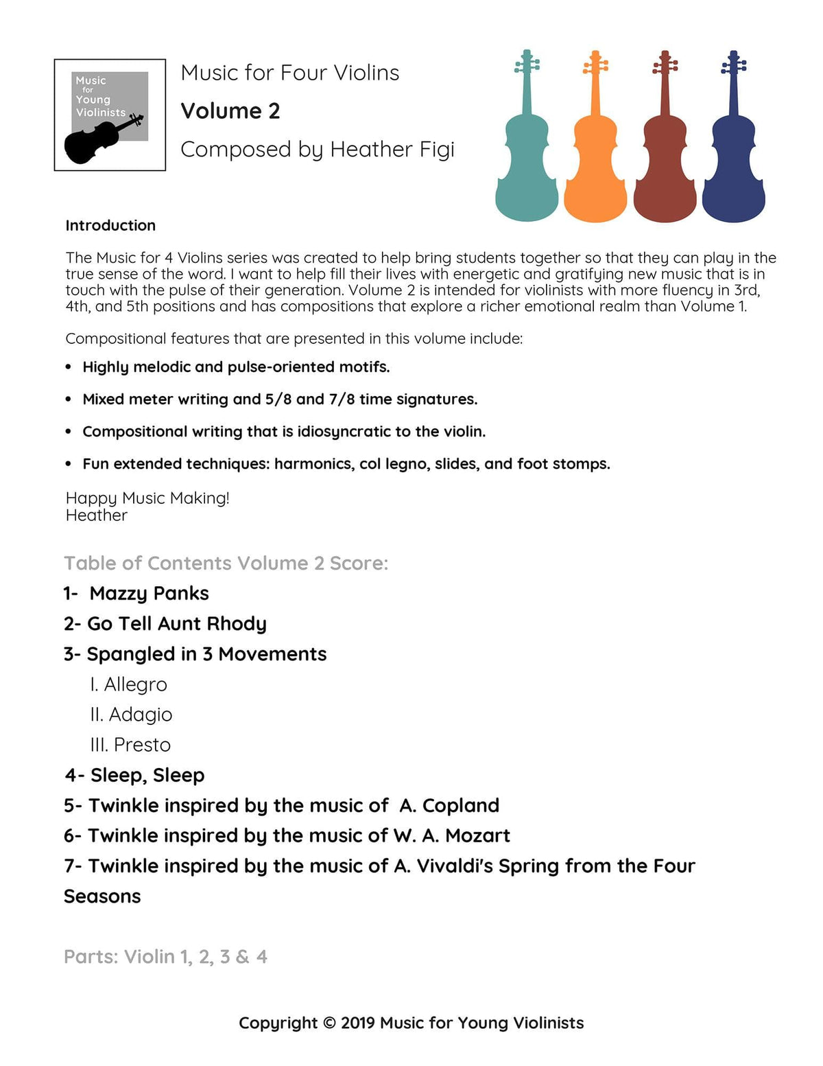 Figi, Heather - Music for Four Violins, Volume 2 - Digital Download