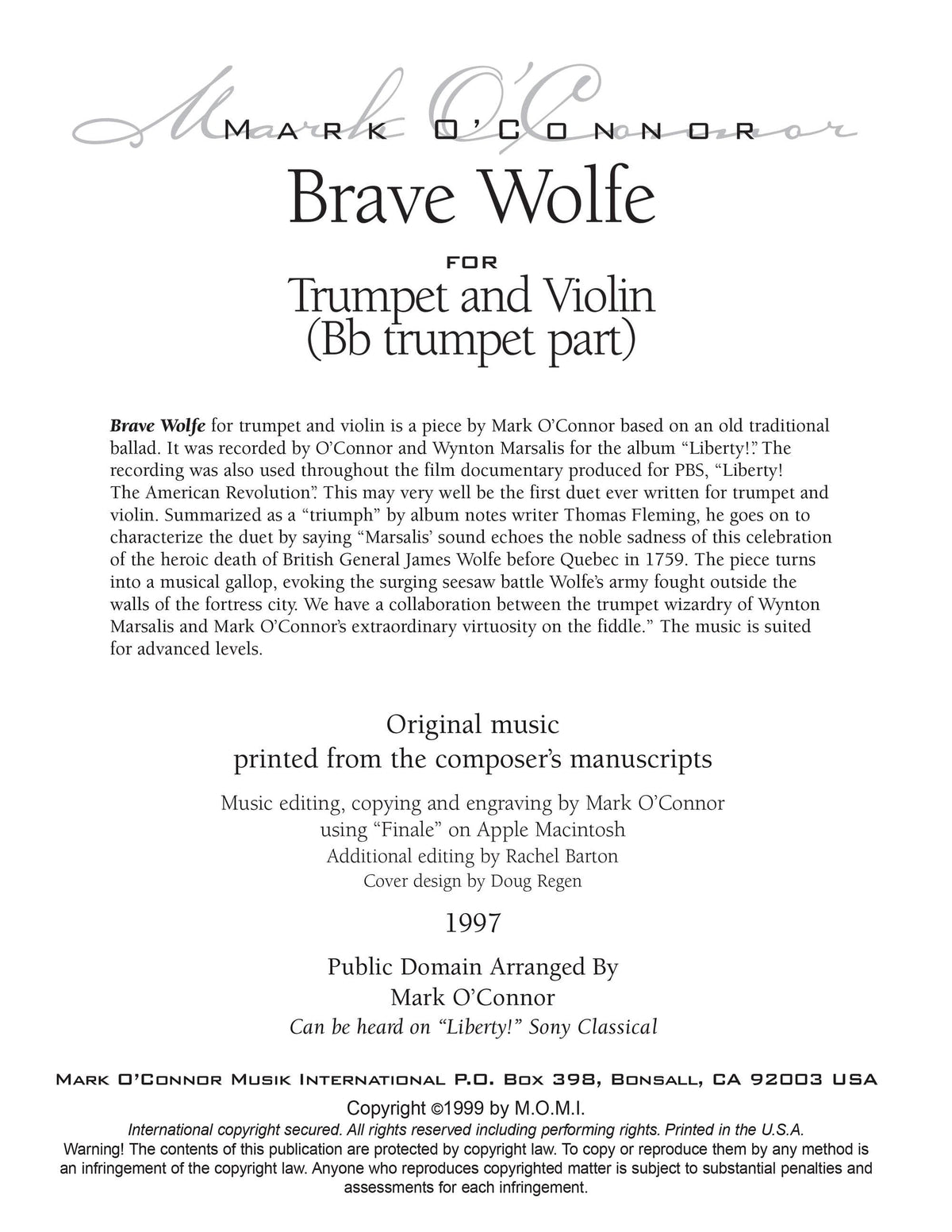 O'Connor, Mark - Brave Wolfe for Trumpet and Violin - B-flat Trumpet - Digital Download
