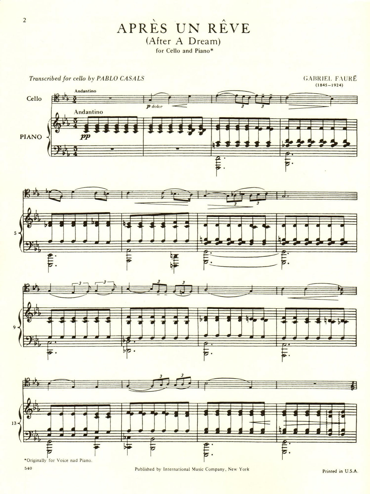 Fauré, Gabriel - Aprés un Rêve (After a Dream), Op 7, No 1 - Cello and Piano - edited by Pablo Casals - International Edition