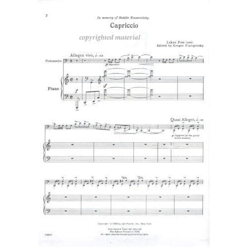 Foss, Lukas - Capriccio - Cello and Piano - edited by Gregor Piatigorsky - Carl Fischer Edition