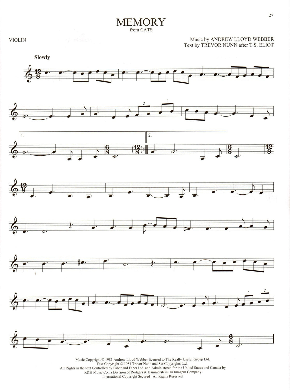 The Songs of Andrew Lloyd Webber - For Solo Violin - Hal Leonard