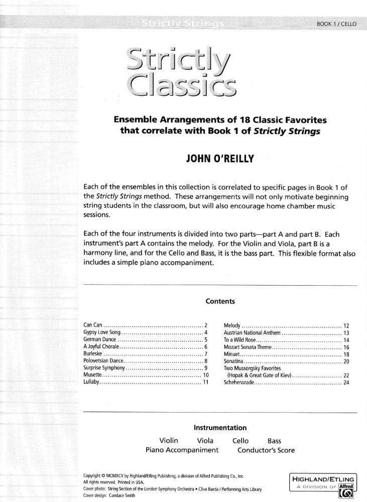 O'Reilly, John - Strictly Classics, Book 1, Cello Published by Neil A Kjos Music Company