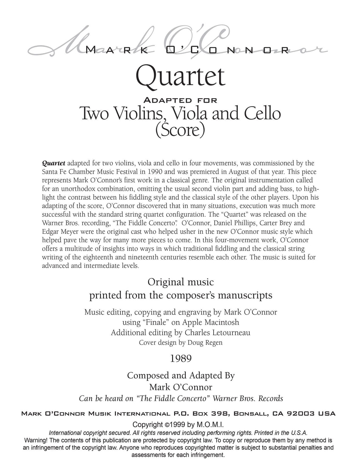O'Connor, Mark - Quartet for 2 Violins, Viola, and Cello - Score - Digital Download
