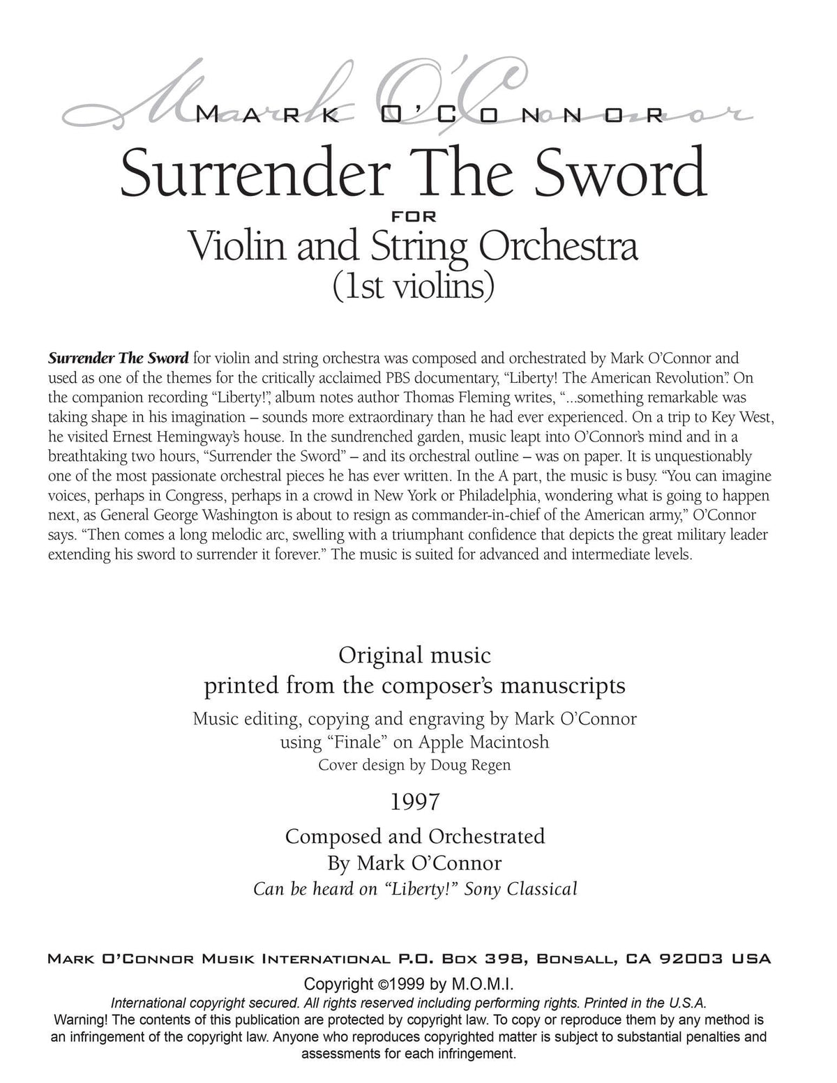 O'Connor, Mark - Surrender The Sword for Violin and String Orchestra - String Parts - Digital Download