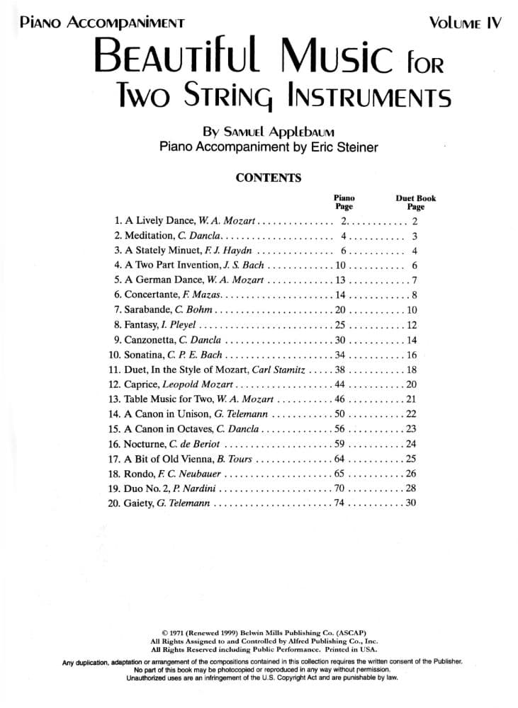 Applebaum, Samuel -Beautiful Music For Two String Instruments - Volume 4 for Piano Accompaniment - Belwin/Mills Publication