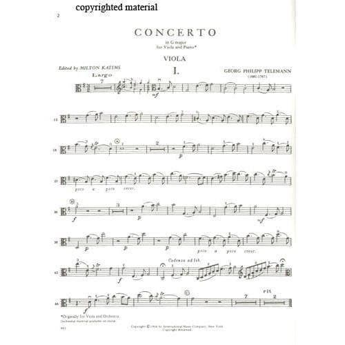Telemann, Georg Philipp - Concerto In G Major - TWV 51:G9 For Viola and Piano Edited by Katims Published by International Music Company
