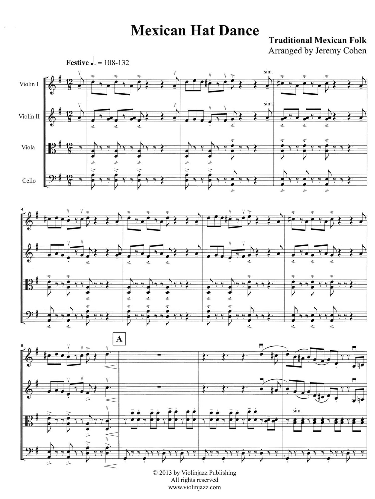 Cohen, Jeremy - Mexican Hat Dance - World Chamber Series - for String Quartet - Violinjazz Editions