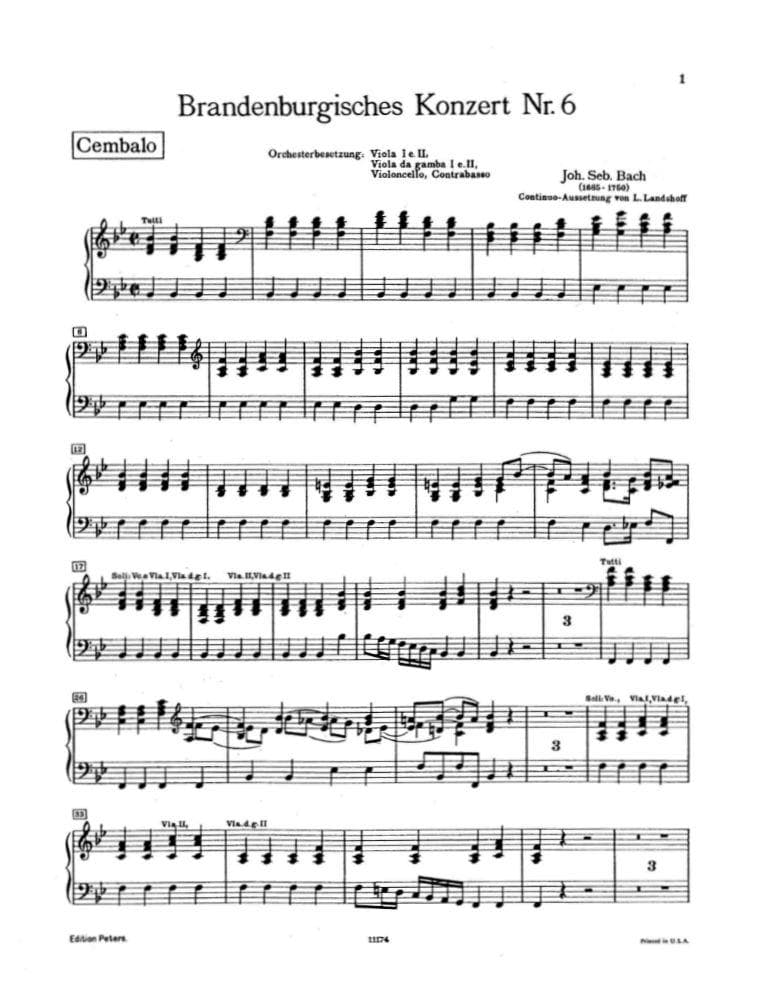 Bach, JS - Brandenburg Concerto No 6 BWV 1051 for Piano - Peters Edition