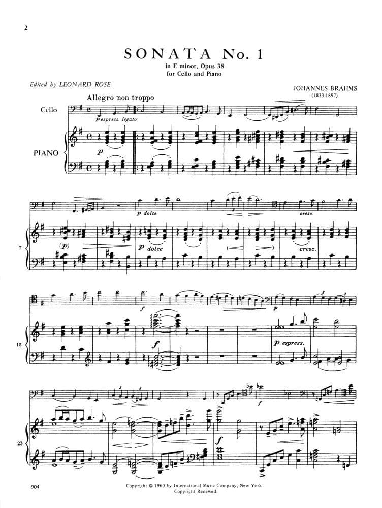 Brahms, Johannes - Sonata No 1 in e minor Op 38 for Cello and Piano - Arranged by Rose - International Edition