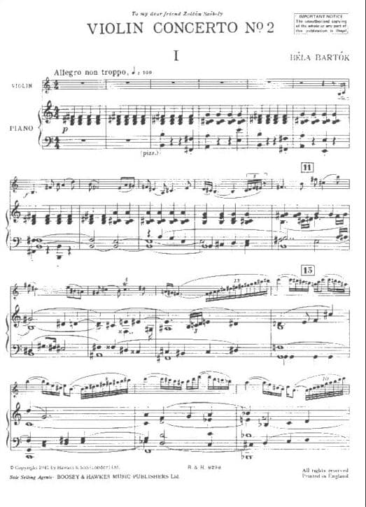 Bartók, Béla - Violin Concerto No 2, Sz 117 - Violin and Piano - Boosey & Hawkes Edition