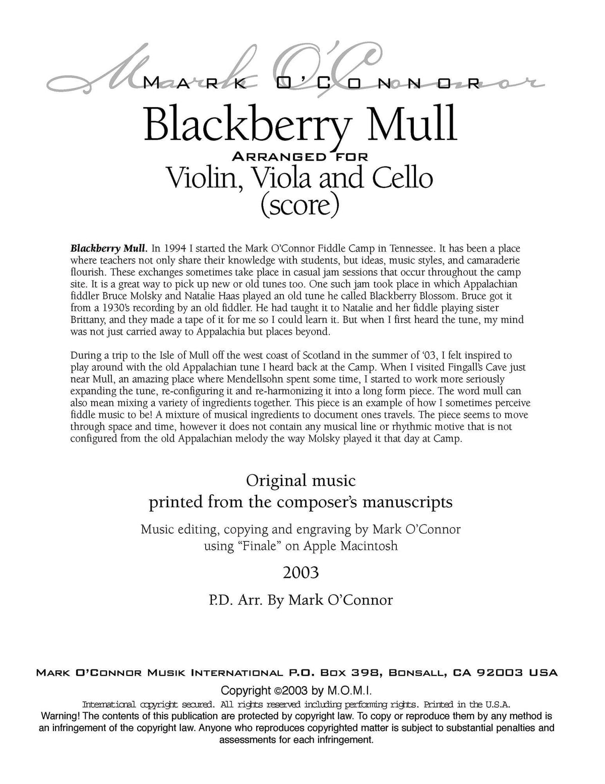 O'Connor, Mark - Blackberry Mull for Violin, Viola, and Cello - Score - Digital Download