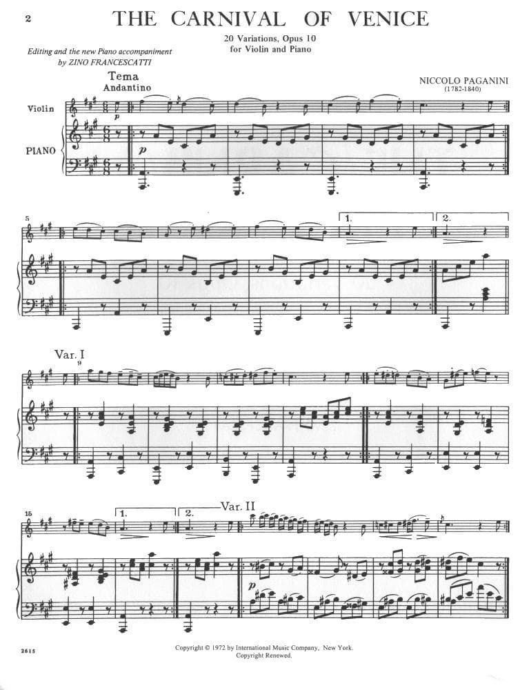 Paganini, Niccolo - The Carnival of Venice, Op10 (20 Variations) - for Violin and Piano - edited by Zino Francescatti - International Music Company