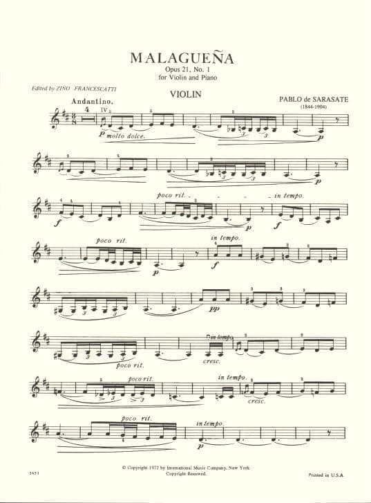 Sarasate, Pablo de - Malaguena Op 21 No 1 - for Violin and Piano - edited by Francescatti - International Music Company