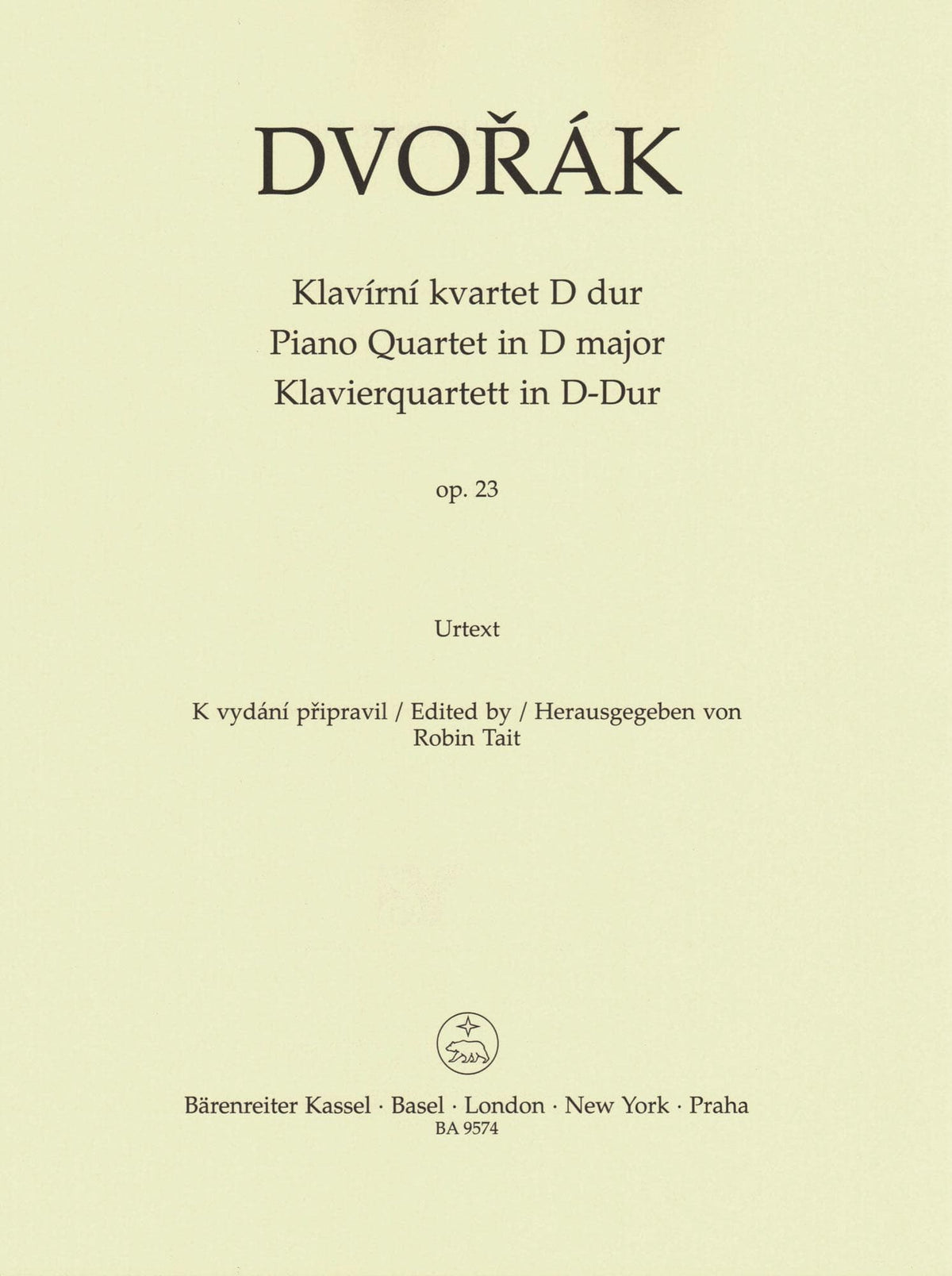 Dvorak, Antonin - Piano Quartet in D major, op. 23 - for Violin, Viola, Cello, and Piano - edited by Robin Tait - Barenreiter URTEXT