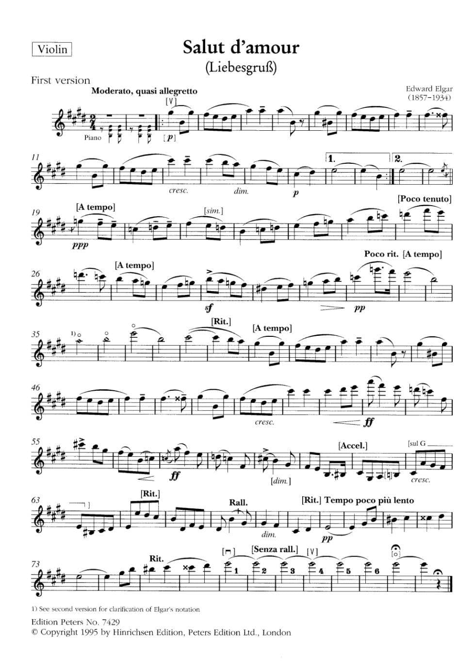 Elgar, Edward - Salut d'amour, Op 12 - Violin and Piano - edited by Donald Burrows - Edition Peters URTEXT