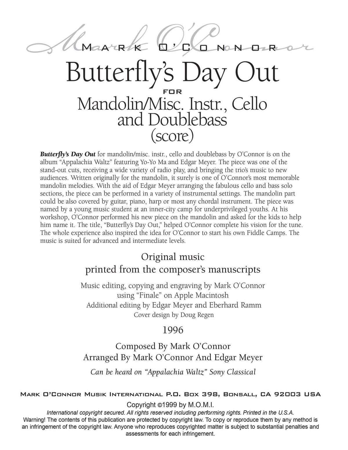 O'Connor, Mark - Butterfly's Day Out for Mandolin, Cello, and Bass - Score - Digital Download