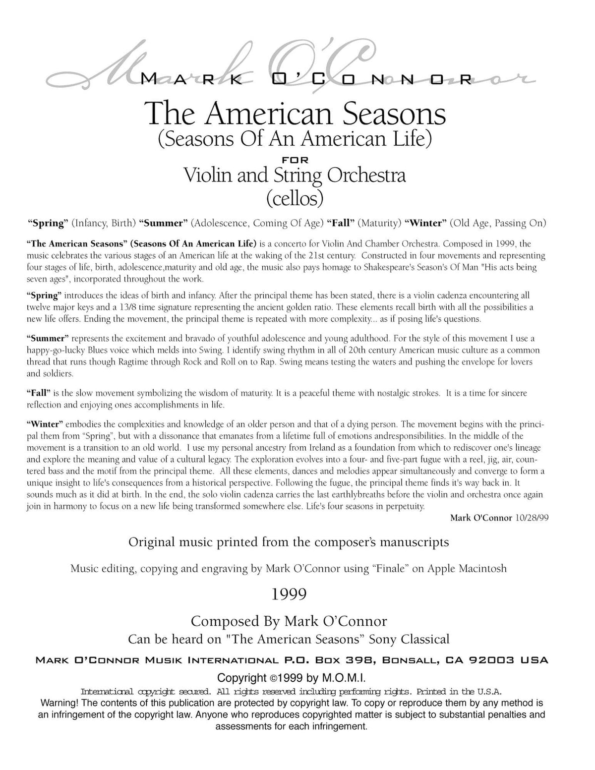 O'Connor, Mark - American Seasons for Violin and String Orchestra - Cellos - Digital Download