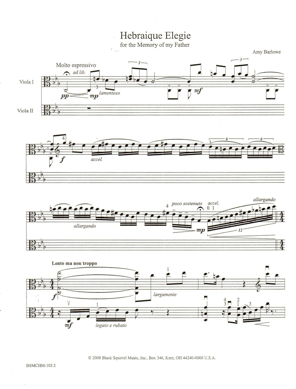 Barlowe, Amy - Hebraique Elegie for Two Violas - Black Squirrel Publication