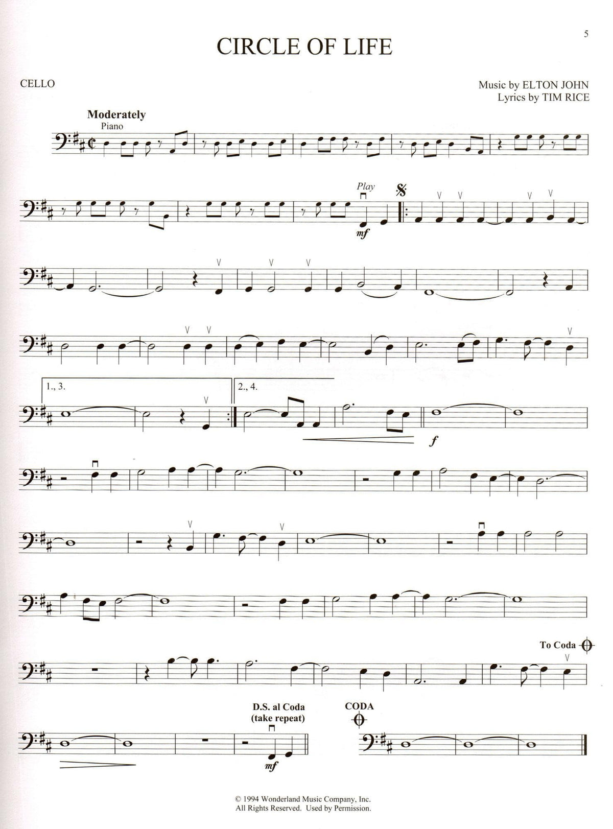 Disney's The Lion King - Instrumental Play-Along - for Cello with Online Audio - Hal Leonard