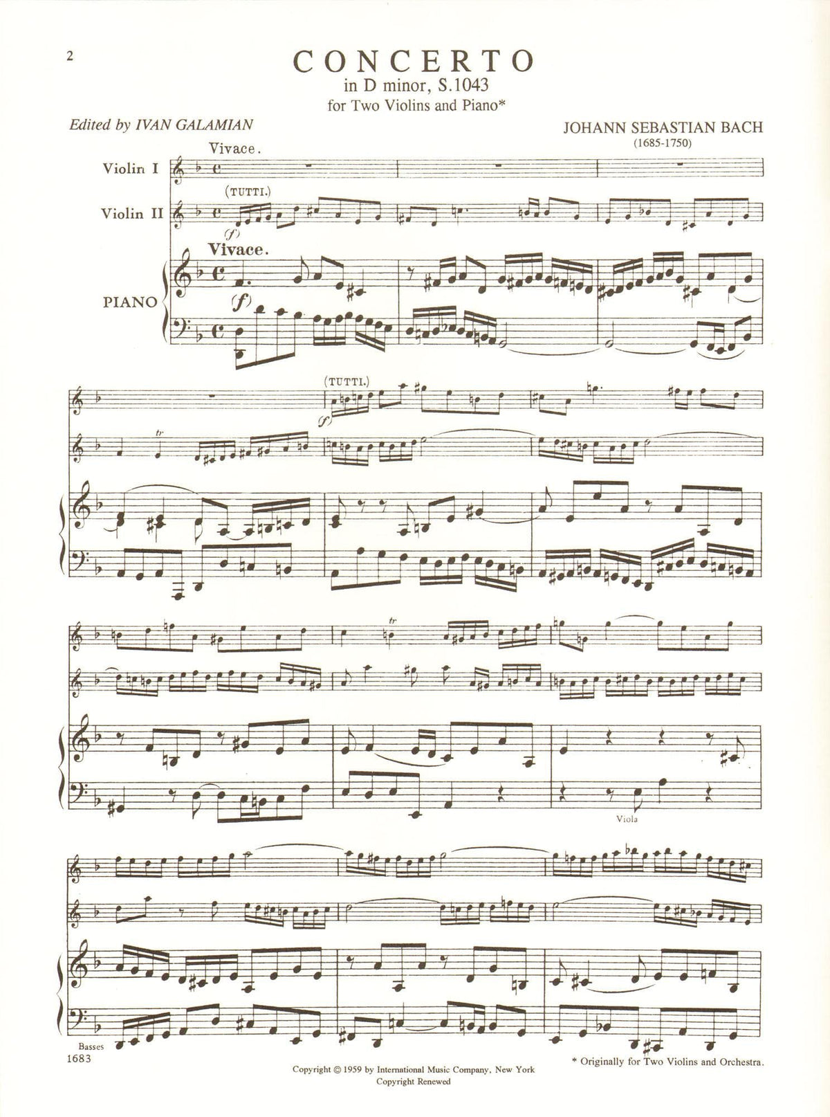 Bach, JS - Double Concerto in d minor, BWV 1043 - Two Violins and Piano - edited by Ivan Galamian - International Edition