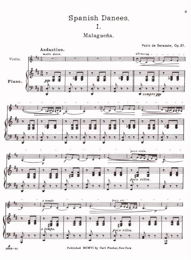Sarasate, Pablo de - Malaguena Op 21 - for Violin and Piano - Carl Fischer