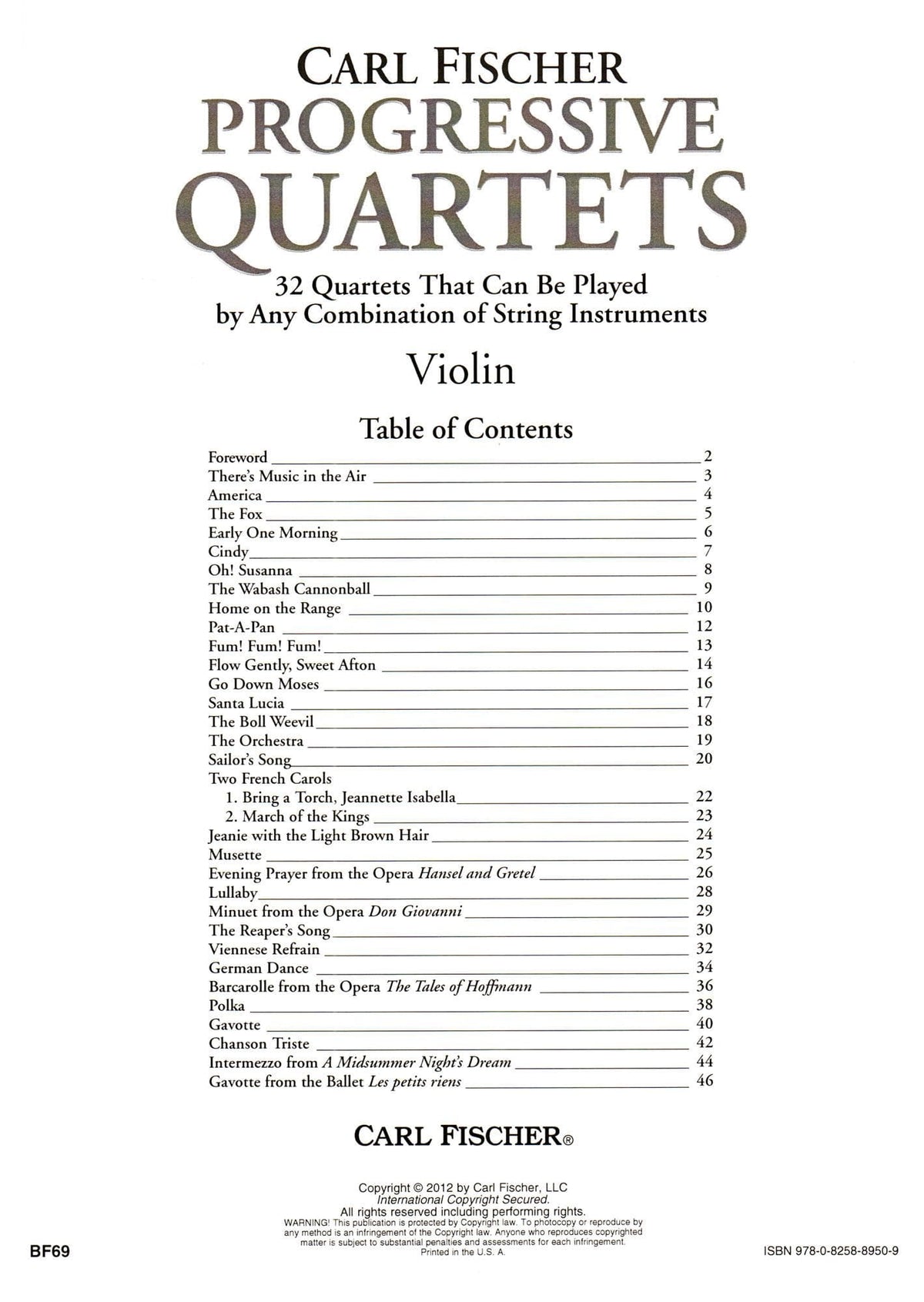 Progressive Quartets for Violin - 32 Quartets for Any Combination of Stringed Instruments - Arranged by Doris Gazda - Carl Fischer Publication