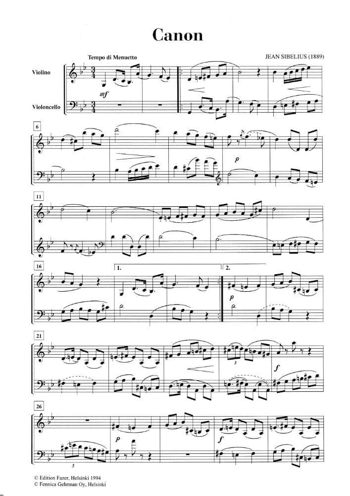Sibelius, Jean - Canon (1889), Violin and Cello Published by Boosey & Hawkes