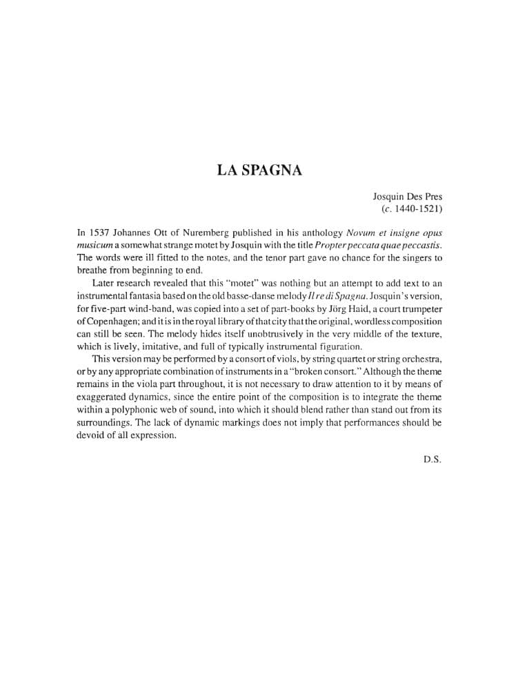 Josquin des Prez - La Spagna - 2 Violins, 2 Violas, and 2 Cellos (or Cello and Bass) - edited by Denis Stevens - Edition Peters