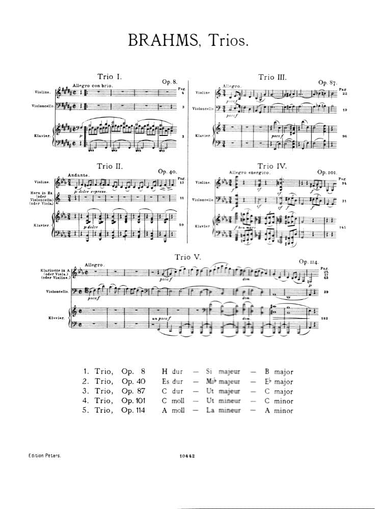 Brahms, Johannes - Piano Trio No 1 in B Major Op 8 Set of Parts for Violin, Cello and Piano - Arranged by Schumann - Peters Edition