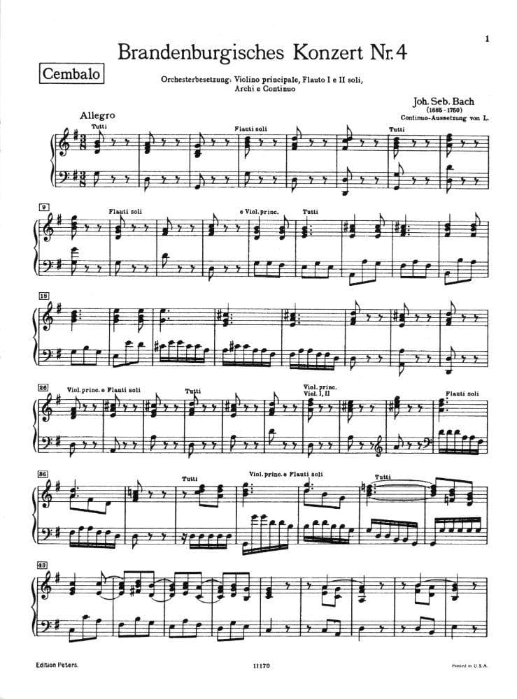 Bach, J.S. - Brandenburg Concerto No. 4, BWV 1049 - Piano Part - Peters Edition