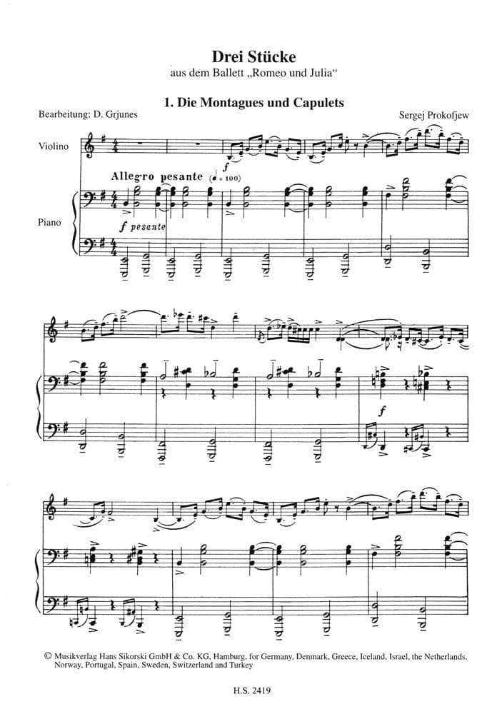 Prokofiev, Sergei - 3 Pieces From Romeo And Juliet - for Violin and Piano - Edition Sikorski