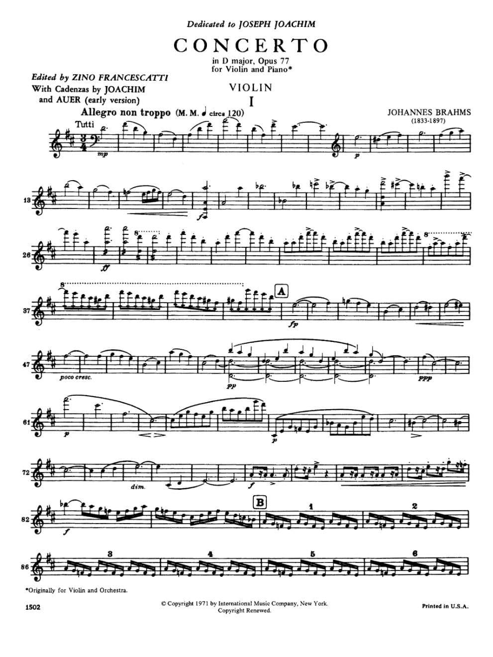 Brahms, Johannes - Concerto in D Major, Op 77 - Violin and Piano - edited by Zino Francescatti - International Music Company