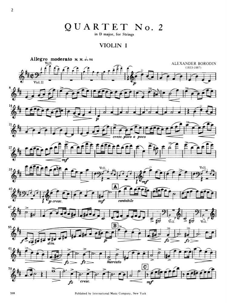 Borodin, Alexander - Quartet No 2 in D Major ( 1881 ) Parts for Two Violins, Viola and Cello - International Edition