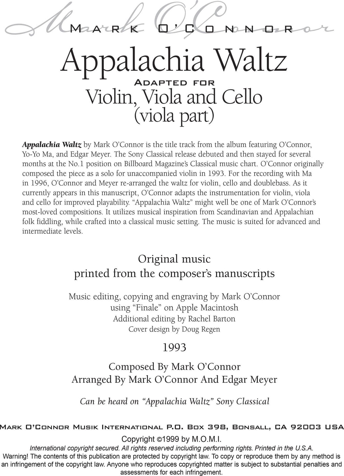 O'Connor, Mark - Appalachia Waltz for Violin, Viola, and Cello - Viola - Digital Download