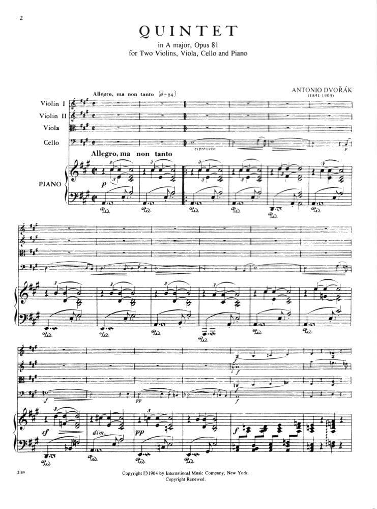 Dvorák, Antonín - Piano Quintet In A Major, Op 81 - Two Violins, Viola, Cello, and Piano - International Edition