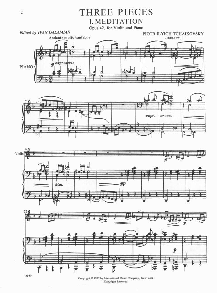 Tchaikovsky, PI - Souvenir d'un Lieu Cher: Meditation, Scherzo and Melodie, Op 42 - Violin and Piano - edited by Galamian - International Music Company