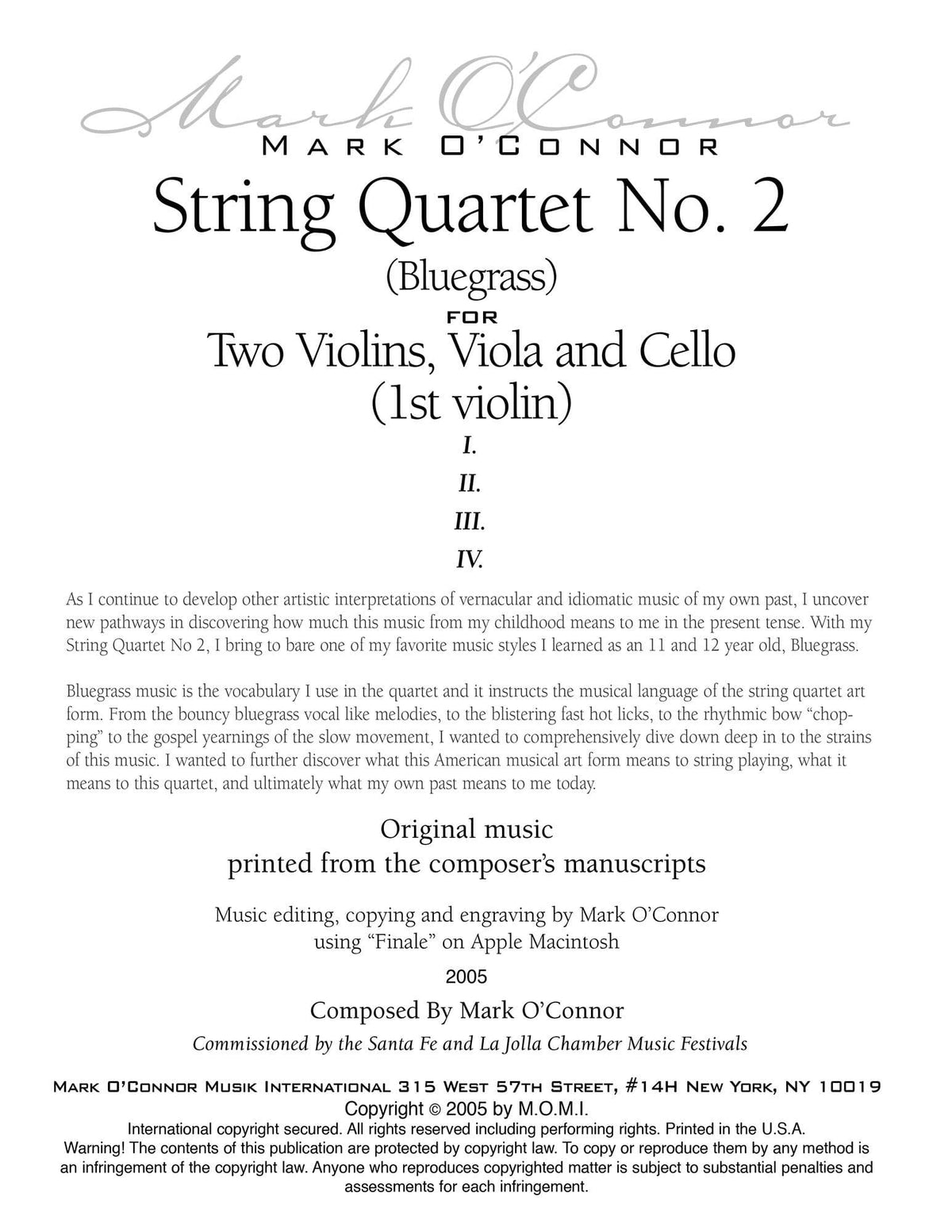 O'Connor, Mark - String Quartet No. 2 (Bluegrass) for 2 Violins, Viola, and Cello -Violin 1 - Digital Download