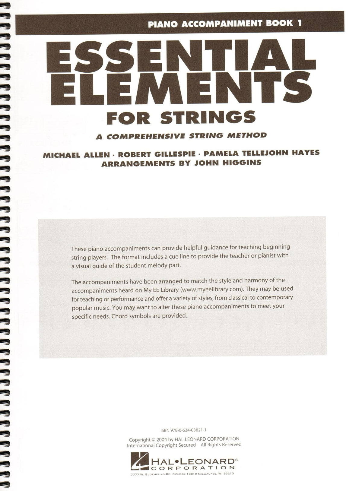 Essential Elements Interactive (formerly 2000) for Strings - Piano Accompaniment Book 1 - by Allen/Gillespie/Hayes - Hal Leonard Publication