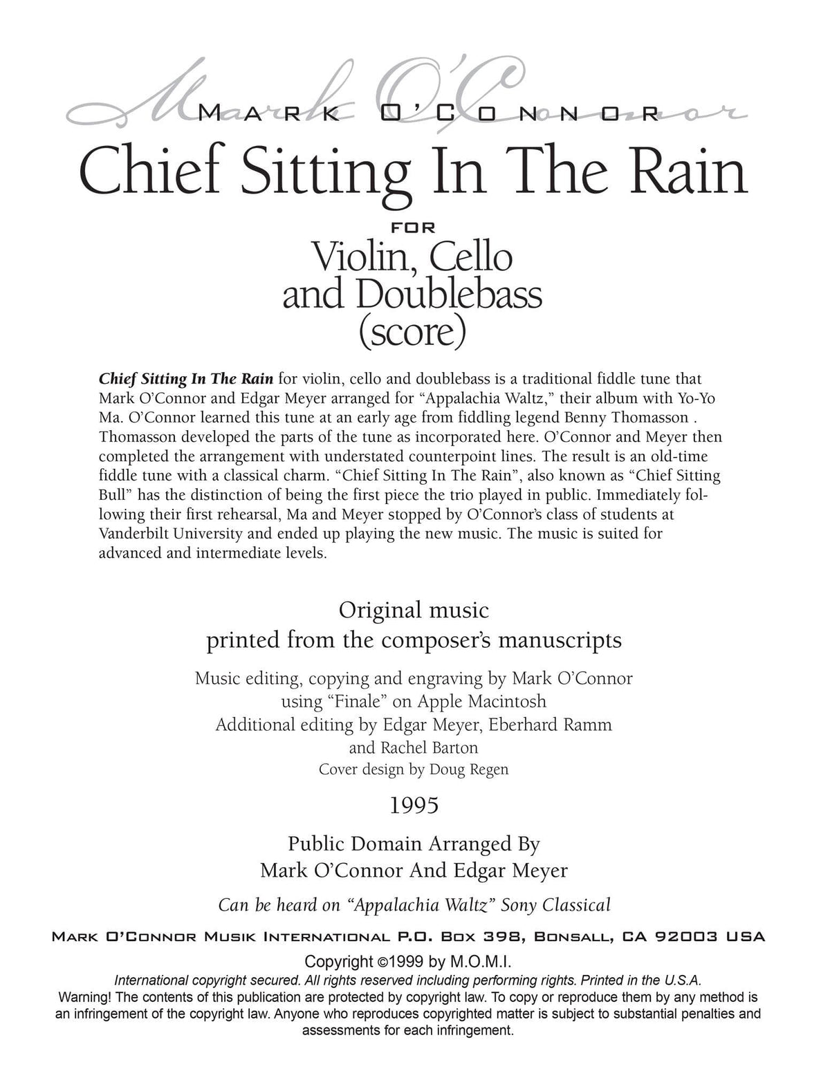 O'Connor, Mark - Chief Sitting In The Rain for Violin, Cello, and Bass - Score - Digital Download