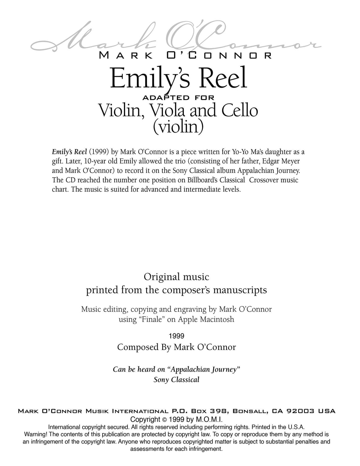 O'Connor, Mark - Emily's Reel for Violin, Viola, and Cello - Violin - Digital Download