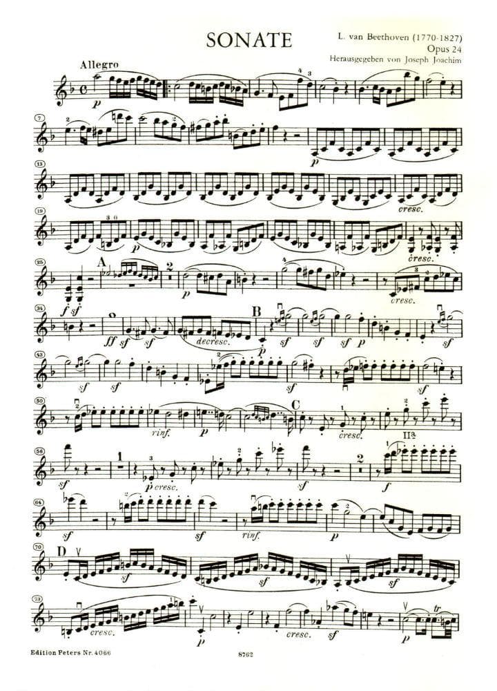 Beethoven, Ludwig - Sonata No 5 in F Major Spring Op 24 for Violin and Piano - Arranged by Joachim - Peters Edition