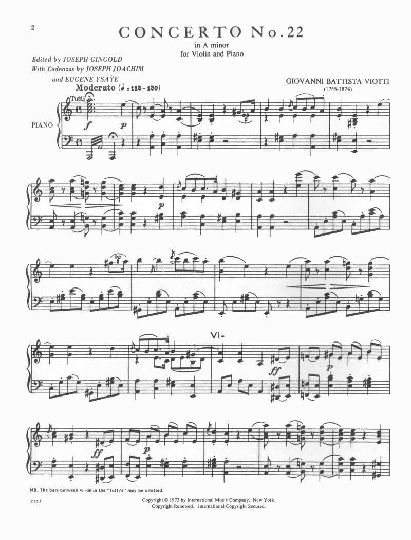 Viotti, GB - Violin Concerto No 22 in A Minor - Violin and Piano - edited by Gingold - International Music Company