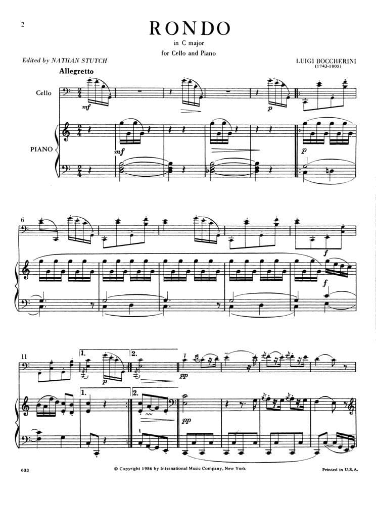 Boccherini, Luigi - Rondo (from Quintet in C Major, G 310) for Cello and Piano - Arranged by Stutch - International Edition