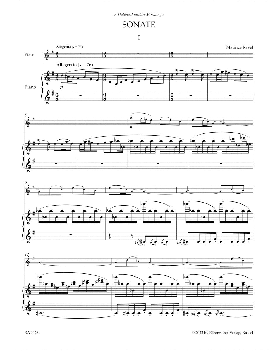Ravel, Maurice - Berceuse sur le nom de Fauré, M. 74 - for Piano and Violin - edited by Woodfull-Harris - Barenreiter Urtext