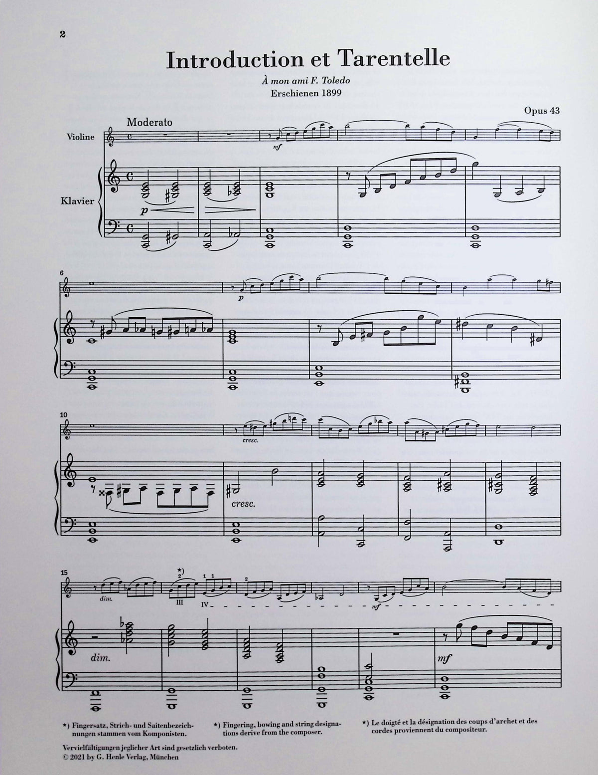 Sarasate, de Pablo - Introduction et Tarentelle op. 43 for Violin and Piano - Edited by Jost - G. Henle Verlag