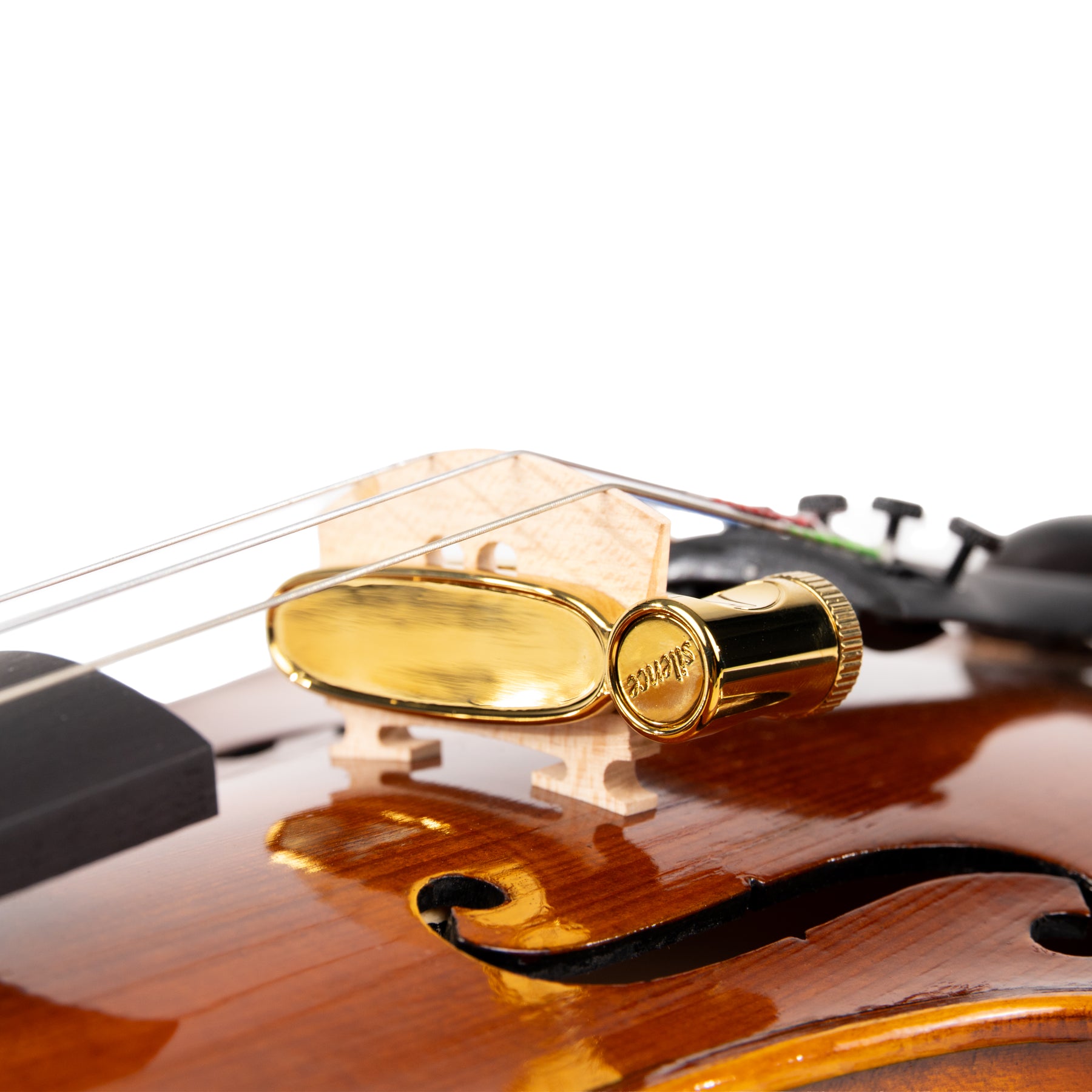 Comosono Silence Hotel Mute for violin and viola, clamped on bridge, fingerboard side view