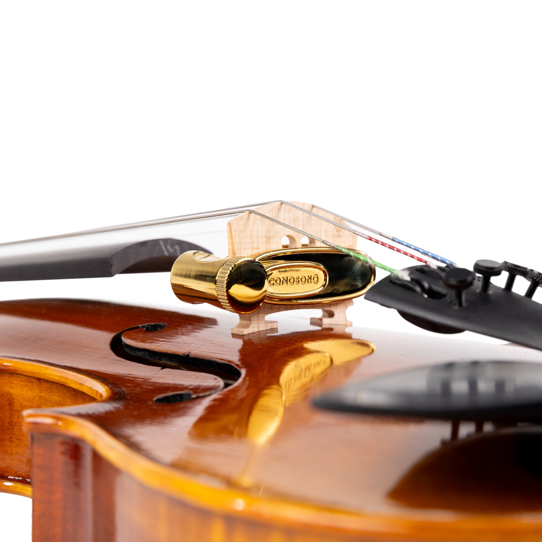 Comosono Silence Hotel Mute for violin and viola, clamped on bridge, tailpiece side view