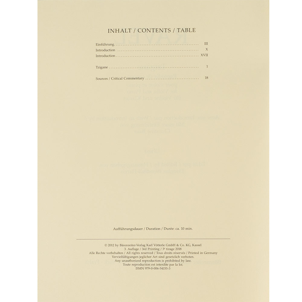 Ravel, Maurice Tzigane Concert rhapsody for violin and piano