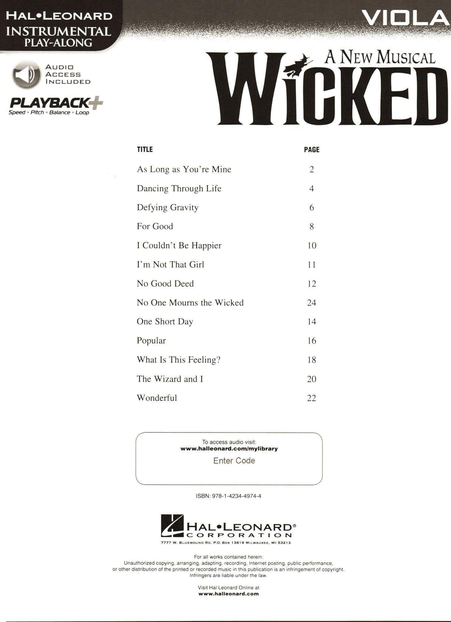 Wicked - 13 Songs from the Musical - for Viola with Audio Accompaniment - Hal Leonard Instrumental Play-Along